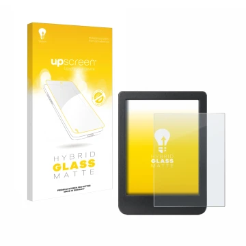 Parte frontal de un envase de producto con el logotipo de la marca upscreen. Al lado se muestra el dispositivo Kobo Clara BW c