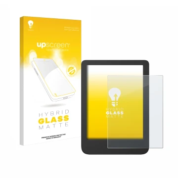 Parte frontal de un envase de producto con el logotipo de la marca upscreen. Al lado se muestra el dispositivo Tolino Shine 5 