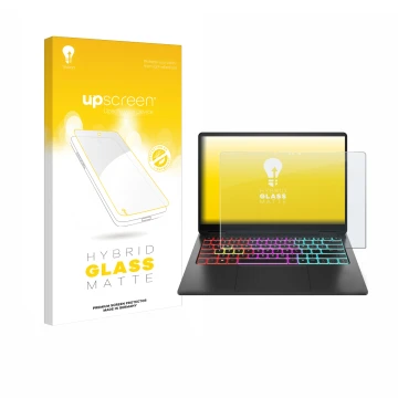 Parte frontal de un envase de producto con el logotipo de la marca upscreen. Al lado se muestra el dispositivo HP Omen Transce