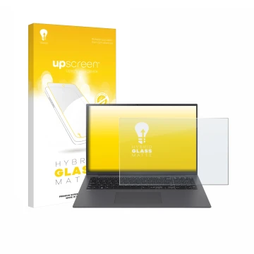 Parte frontal de un envase de producto con el logotipo de la marca upscreen. Al lado se muestra el dispositivo LG gram 17