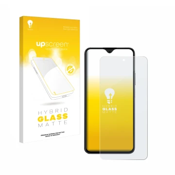 Parte frontal de un envase de producto con el logotipo de la marca upscreen. Al lado se muestra el dispositivo Honor 90 Smart 