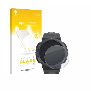 Parte frontal de un envase de producto con el logotipo de la marca upscreen. Al lado se muestra el dispositivo Amazfit Active 