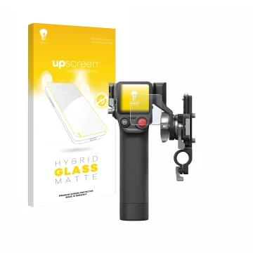 Parte frontal de un envase de producto con el logotipo de la marca upscreen. Al lado se muestra el dispositivo DJI Focus Pro- 