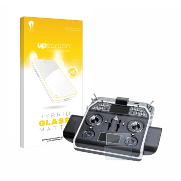 Parte frontal de un envase de producto con el logotipo de la marca upscreen. Al lado se muestra el dispositivo Graupner MC-28 