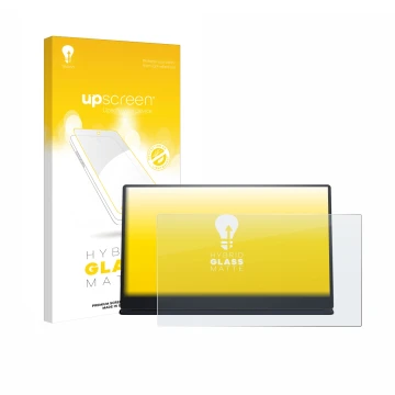 Parte frontal de un envase de producto con el logotipo de la marca upscreen. Al lado se muestra el dispositivo Dell P1424H con