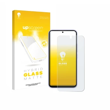 Parte frontal de un envase de producto con el logotipo de la marca upscreen. Al lado se muestra el dispositivo Samsung Galaxy 