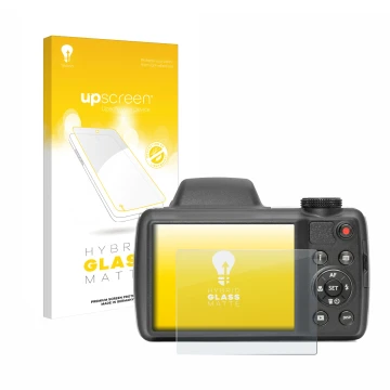 Parte frontal de un envase de producto con el logotipo de la marca upscreen. Al lado se muestra el dispositivo Kodak Pixpro AZ
