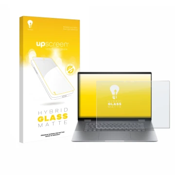 Parte frontal de un envase de producto con el logotipo de la marca upscreen. Al lado se muestra el dispositivo HP Envy x360 2-