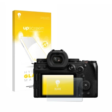 Parte frontal de un envase de producto con el logotipo de la marca upscreen. Al lado se muestra el dispositivo Panasonic Lumix