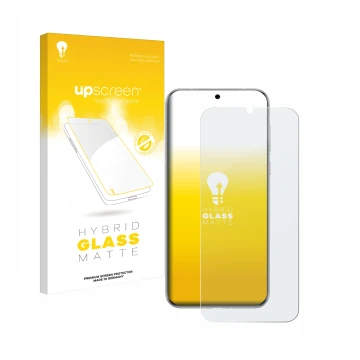 Parte frontal de un envase de producto con el logotipo de la marca upscreen. Al lado se muestra el dispositivo Huawei Pura 70 