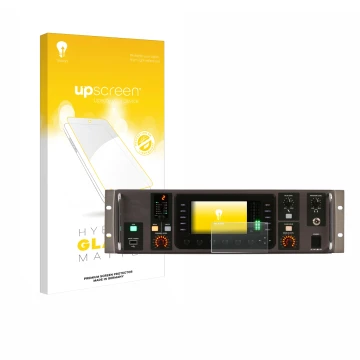 Parte frontal de un envase de producto con el logotipo de la marca upscreen. Al lado se muestra el dispositivo Behringer X32 R