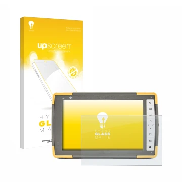 Parte frontal de un envase de producto con el logotipo de la marca upscreen. Al lado se muestra el dispositivo Topcon FC-6000 