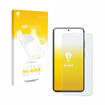 Parte frontal de un envase de producto con el logotipo de la marca upscreen. Al lado se muestra el dispositivo Samsung Galaxy 
