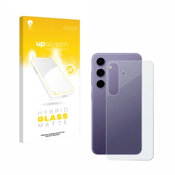 Parte frontal de un envase de producto con el logotipo de la marca upscreen. Al lado se muestra el dispositivo Samsung Galaxy 