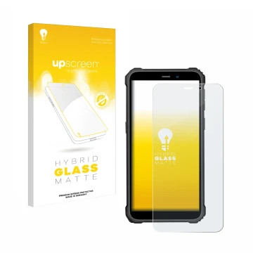 Parte frontal de un envase de producto con el logotipo de la marca upscreen. Al lado se muestra el dispositivo Oukitel WP32 co