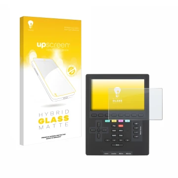 Parte frontal de un envase de producto con el logotipo de la marca upscreen. Al lado se muestra el dispositivo Polyend Tracker