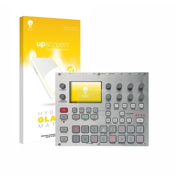 Parte frontal de un envase de producto con el logotipo de la marca upscreen. Al lado se muestra el dispositivo Elektron Syntak