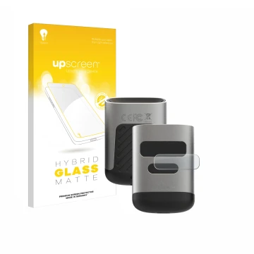 Parte frontal de un envase de producto con el logotipo de la marca upscreen. Al lado se muestra el dispositivo Opticon OPN-600