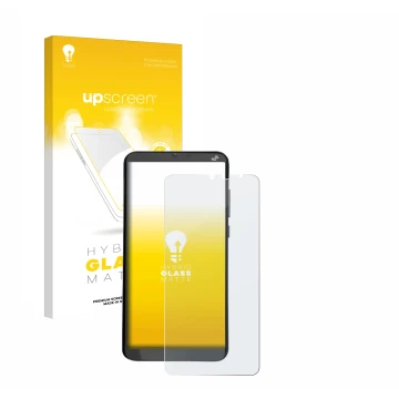 Parte frontal de un envase de producto con el logotipo de la marca upscreen. Al lado se muestra el dispositivo Brondi Amico XL