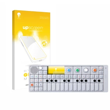 Parte frontal de un envase de producto con el logotipo de la marca upscreen. Al lado se muestra el dispositivo Teenage Enginee