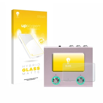 Parte frontal de un envase de producto con el logotipo de la marca upscreen. Al lado se muestra el dispositivo Hotone Ampero M