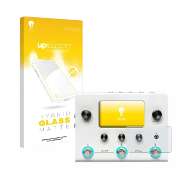 Parte frontal de un envase de producto con el logotipo de la marca upscreen. Al lado se muestra el dispositivo Hotone Ampero I