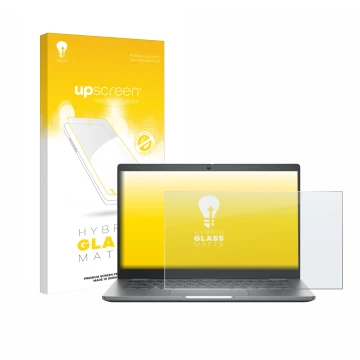 Parte frontal de un envase de producto con el logotipo de la marca upscreen. Al lado se muestra el dispositivo Dell Latitude 5