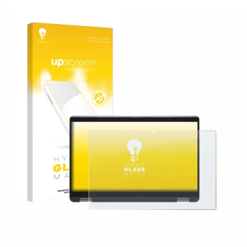 Parte frontal de un envase de producto con el logotipo de la marca upscreen. Al lado se muestra el dispositivo Dell Latitude 5