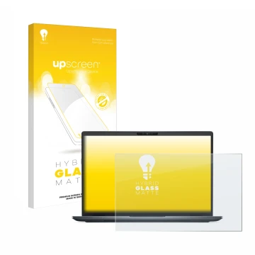 Parte frontal de un envase de producto con el logotipo de la marca upscreen. Al lado se muestra el dispositivo Dell Latitude 7