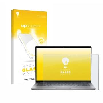 Parte frontal de un envase de producto con el logotipo de la marca upscreen. Al lado se muestra el dispositivo Dell Latitude 7