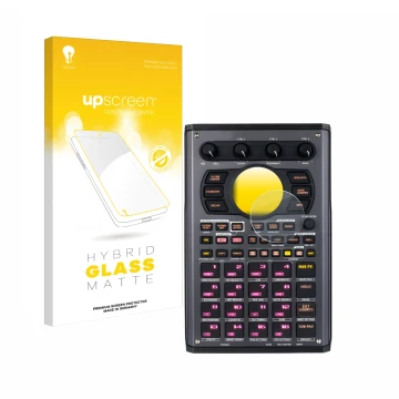 Parte frontal de un envase de producto con el logotipo de la marca upscreen. Al lado se muestra el dispositivo Roland SP-404MK