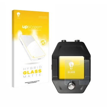 Parte frontal de un envase de producto con el logotipo de la marca upscreen. Al lado se muestra el dispositivo Shure GLXD16+ c