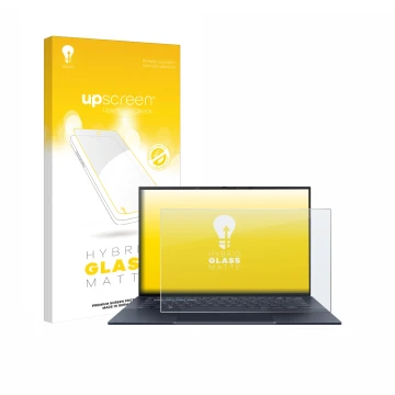 Parte frontal de un envase de producto con el logotipo de la marca upscreen. Al lado se muestra el dispositivo ASUS ExpertBook