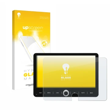 Parte frontal de un envase de producto con el logotipo de la marca upscreen. Al lado se muestra el dispositivo Dynavin D9-T5TP