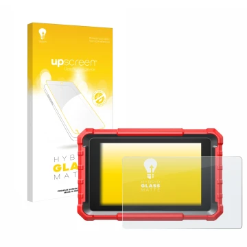 Parte frontal de un envase de producto con el logotipo de la marca upscreen. Al lado se muestra el dispositivo Launch X-431 PR