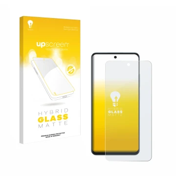 Parte frontal de un envase de producto con el logotipo de la marca upscreen. Al lado se muestra el dispositivo Oppo A60 con su