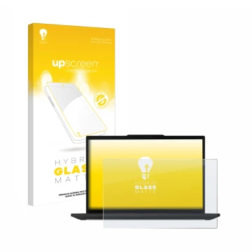 Parte frontal de un envase de producto con el logotipo de la marca upscreen. Al lado se muestra el dispositivo Lenovo ThinkPad