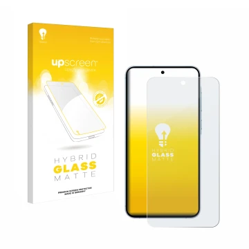 Parte frontal de un envase de producto con el logotipo de la marca upscreen. Al lado se muestra el dispositivo Samsung Galaxy 