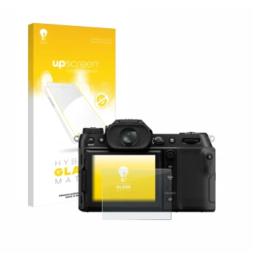 Parte frontal de un envase de producto con el logotipo de la marca upscreen. Al lado se muestra el dispositivo Fujifilm GFX100