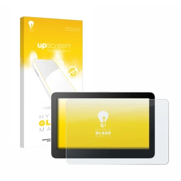 Parte frontal de un envase de producto con el logotipo de la marca upscreen. Al lado se muestra el dispositivo Wacom One 13 To