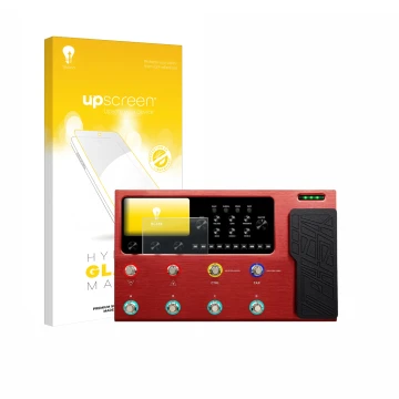 Parte frontal de un envase de producto con el logotipo de la marca upscreen. Al lado se muestra el dispositivo Valeton GP-200R