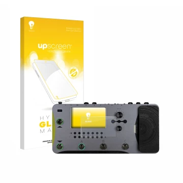 Parte frontal de un envase de producto con el logotipo de la marca upscreen. Al lado se muestra el dispositivo Mooer GE1000 co
