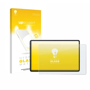 Parte frontal de un envase de producto con el logotipo de la marca upscreen. Al lado se muestra el dispositivo Blackview Tab 9