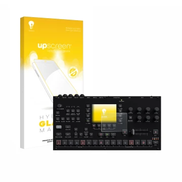 Parte frontal de un envase de producto con el logotipo de la marca upscreen. Al lado se muestra el dispositivo Elektron Octatr