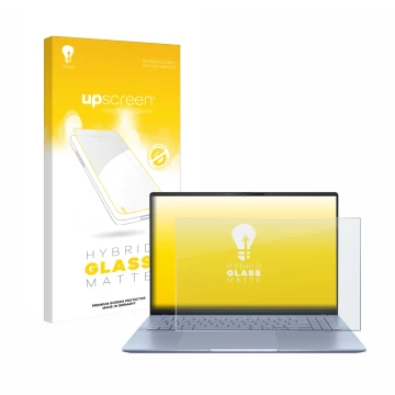 Parte frontal de un envase de producto con el logotipo de la marca upscreen. Al lado se muestra el dispositivo ASUS Vivobook S