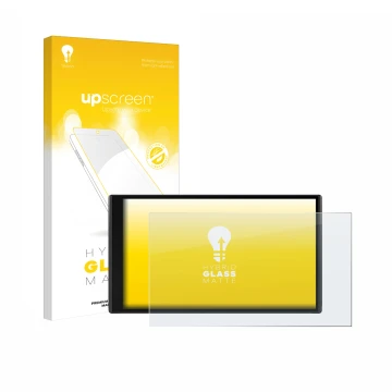 Parte frontal de un envase de producto con el logotipo de la marca upscreen. Al lado se muestra el dispositivo Garmin CamperVa