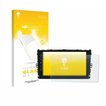 Parte frontal de un envase de producto con el logotipo de la marca upscreen. Al lado se muestra el dispositivo Dynavin D9-T6 c