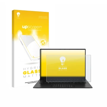 Parte frontal de un envase de producto con el logotipo de la marca upscreen. Al lado se muestra el dispositivo ASUS ZenBook 14