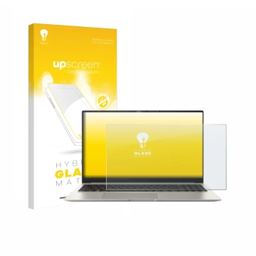 Parte frontal de un envase de producto con el logotipo de la marca upscreen. Al lado se muestra el dispositivo ASUS ZenBook 15