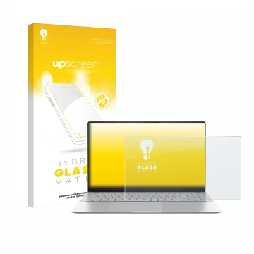 Parte frontal de un envase de producto con el logotipo de la marca upscreen. Al lado se muestra el dispositivo ASUS Vivobook S